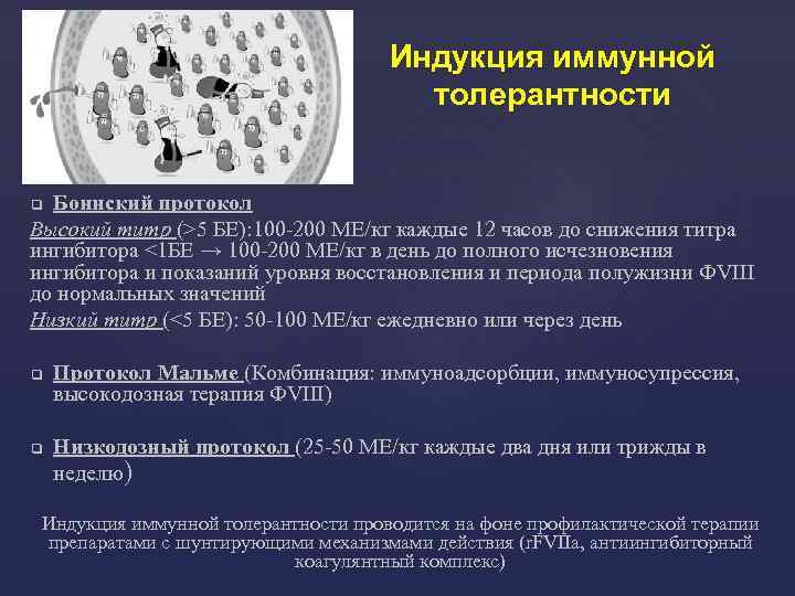 Индукция иммунной толерантности Боннский протокол Высокий титр (>5 БЕ): 100 -200 МЕ/кг каждые 12