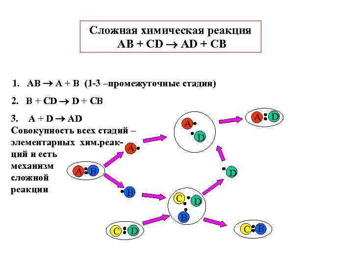 Сложная химическая реакция AB + CD AD + CB 1. AB A + B