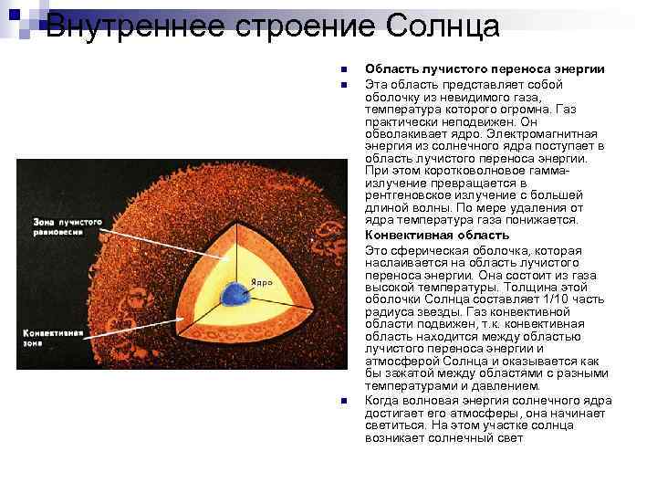 Внутреннее строение Солнца n n n Область лучистого переноса энергии Эта область представляет собой