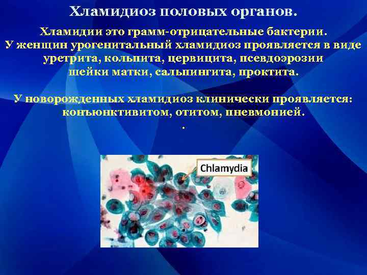 Хламидиоз половых органов. Хламидии это грамм-отрицательные бактерии. У женщин урогенитальный хламидиоз проявляется в виде