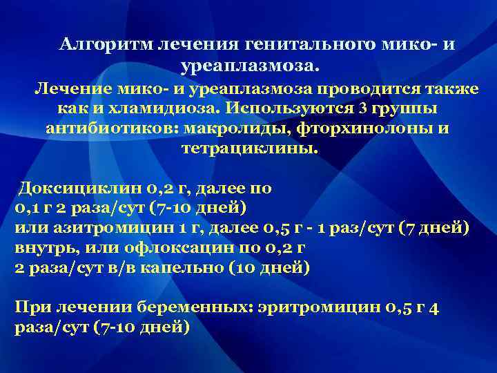 Алгоритм лечения генитального мико- и уреаплазмоза. Лечение мико- и уреаплазмоза проводится также как и