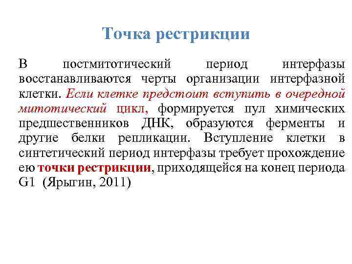 Точка рестрикции В постмитотический период интерфазы восстанавливаются черты организации интерфазной клетки. Если клетке предстоит