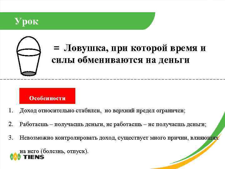 Урок ＝ Ловушка, при которой время и силы обмениваются на деньги Особенности 1. Доход
