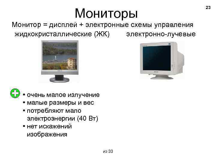 Мониторы Монитор = дисплей + электронные схемы управления жидкокристаллические (ЖК) электронно-лучевые • очень малое
