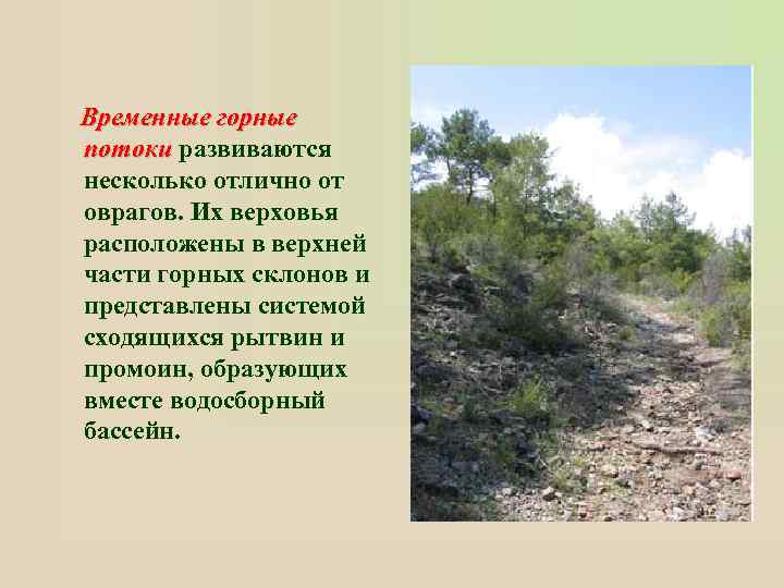 Временные горные потоки развиваются несколько отлично от оврагов. Их верховья расположены в верхней части