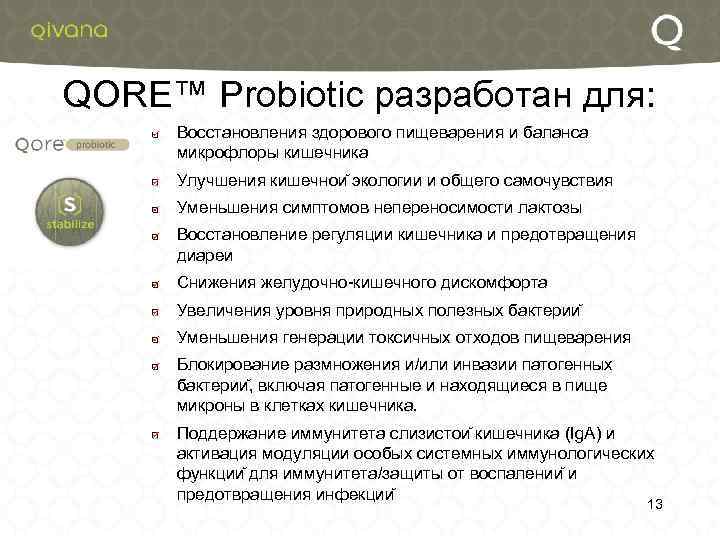QORE™ Probiotic разработан для: Восстановления здорового пищеварения и баланса микрофлоры кишечника Улучшения кишечнои экологии