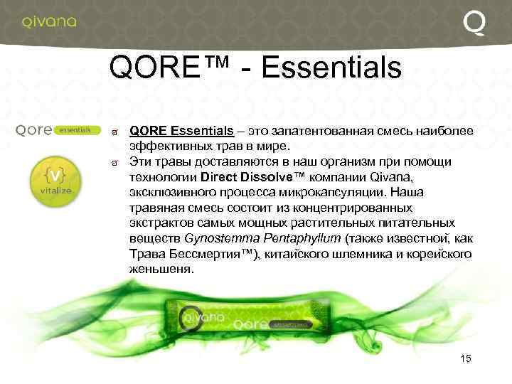 QORE™ - Essentials QORE Essentials – это запатентованная смесь наиболее эффективных трав в мире.