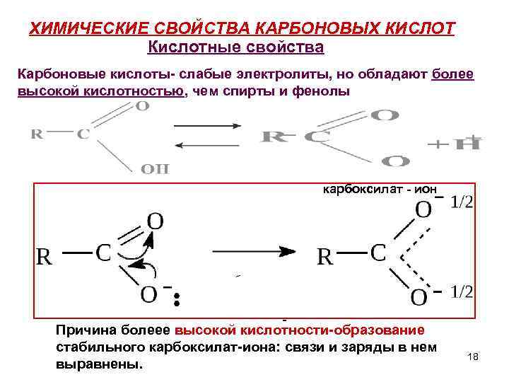 ХИМИЧЕСКИЕ СВОЙСТВА КАРБОНОВЫХ КИСЛОТ Кислотные свойства Карбоновые кислоты- слабые электролиты, но обладают более высокой