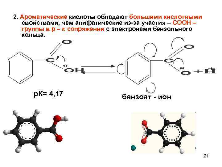 2. Ароматические кислоты обладают большими кислотными свойствами, чем алифатические из-за участия – СООН –