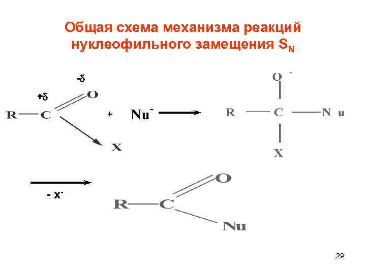 Общая схема механизма реакций нуклеофильного замещения SN - + + - х- 29 
