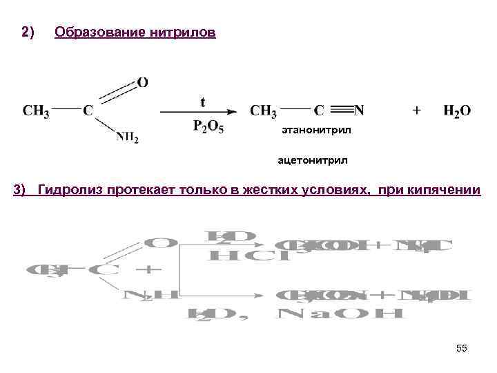 Схема реакции гидролиза этанонитрила