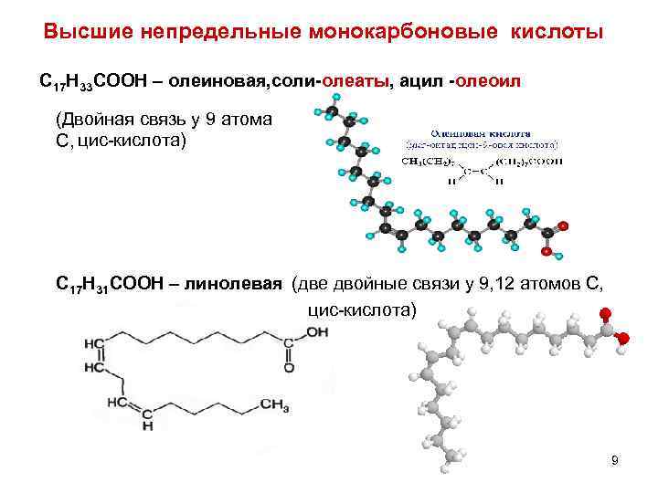 Высшие непредельные монокарбоновые кислоты С 17 Н 33 СООН – олеиновая, соли-олеаты, ацил -олеоил