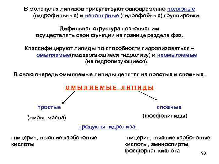 В молекулах липидов присутствуют одновременно полярные (гидрофильные) и неполярные (гидрофобные) группировки. Дифильная структура позволяет