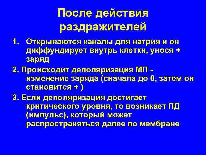 После действия раздражителей 1. Открываются каналы для натрия и он диффундирует внутрь клетки, унося