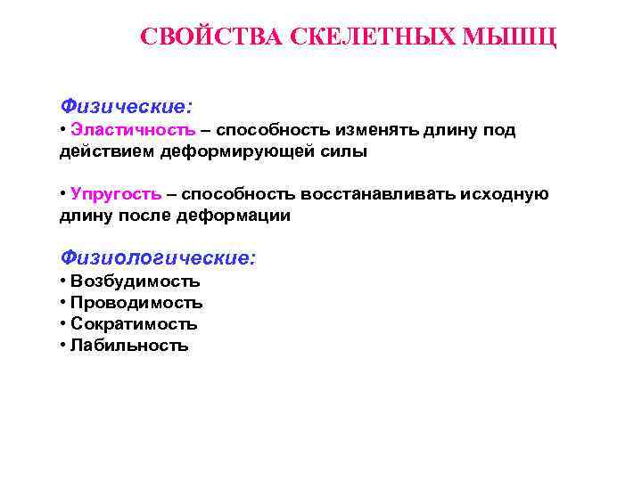 СВОЙСТВА СКЕЛЕТНЫХ МЫШЦ Физические: • Эластичность – способность изменять длину под действием деформирующей силы
