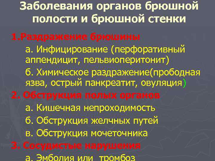 Заболевания органов брюшной полости и брюшной стенки 1. Раздражение брюшины а. Инфицирование (перфоративный аппендицит,