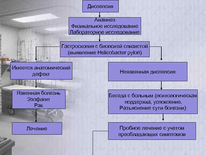 Диспепсия Анамнез Физикальное исследование Лабораторное исследование Гастроскопия с биопсией слизистой (выявление Helicobacter pylori) Имеется