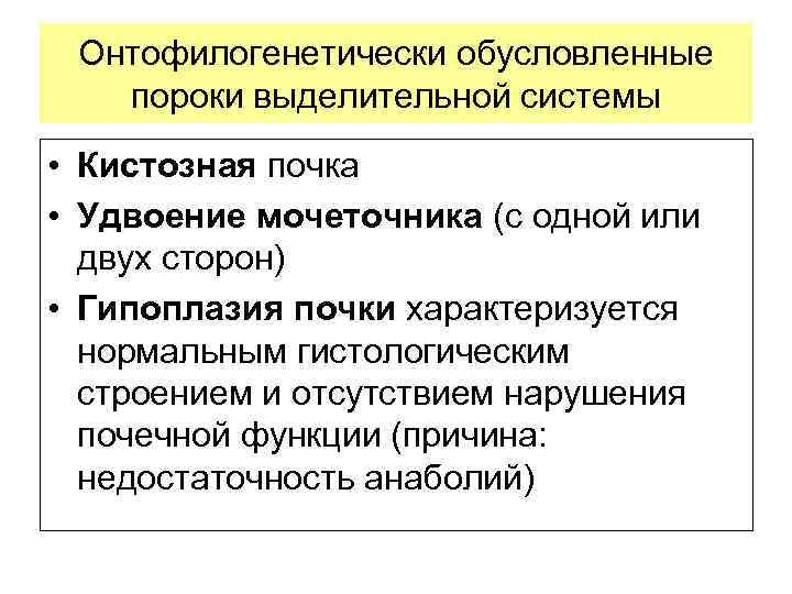 Онтофилогенетически обусловленные пороки выделительной системы • Кистозная почка • Удвоение мочеточника (с одной или