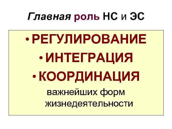 Главная роль НС и ЭС • РЕГУЛИРОВАНИЕ • ИНТЕГРАЦИЯ • КООРДИНАЦИЯ важнейших форм жизнедеятельности