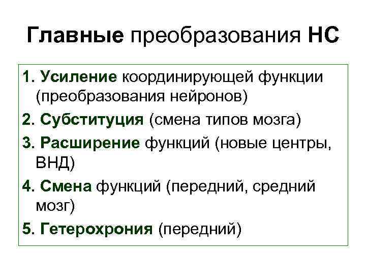 Главные преобразования НС 1. Усиление координирующей функции (преобразования нейронов) 2. Субституция (смена типов мозга)