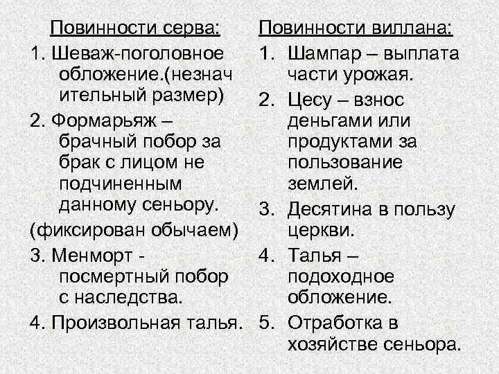Повинности серва: 1. Шеваж-поголовное обложение. (незнач ительный размер) 2. Формарьяж – брачный побор за