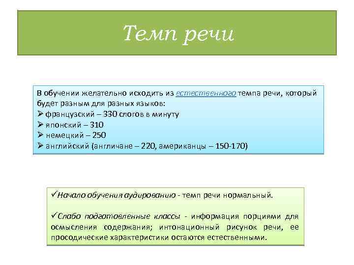 Темп речи В обучении желательно исходить из естественного темпа речи, который будет разным для