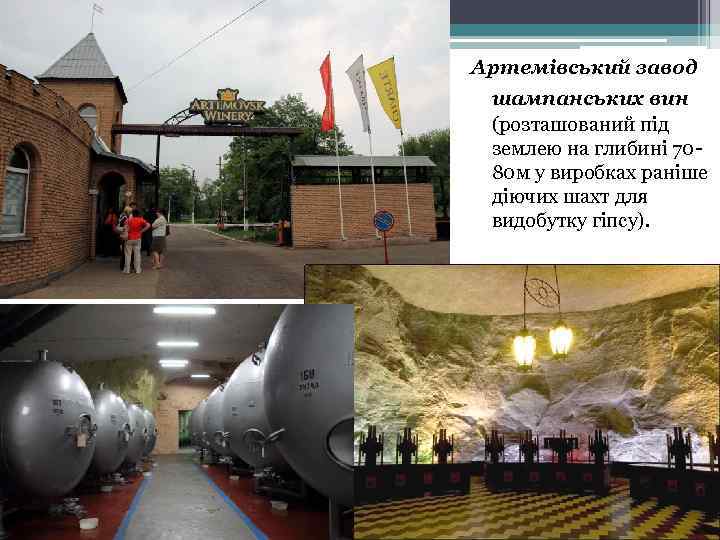 Артемівський завод шампанських вин (розташований під землею на глибині 7080 м у виробках раніше