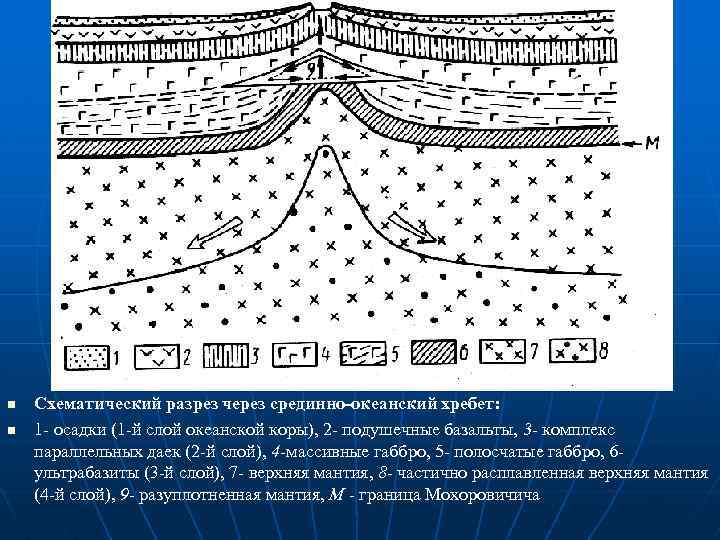 n n Схематический разрез через срединно-океанский хребет: 1 - осадки (1 -й слой океанской