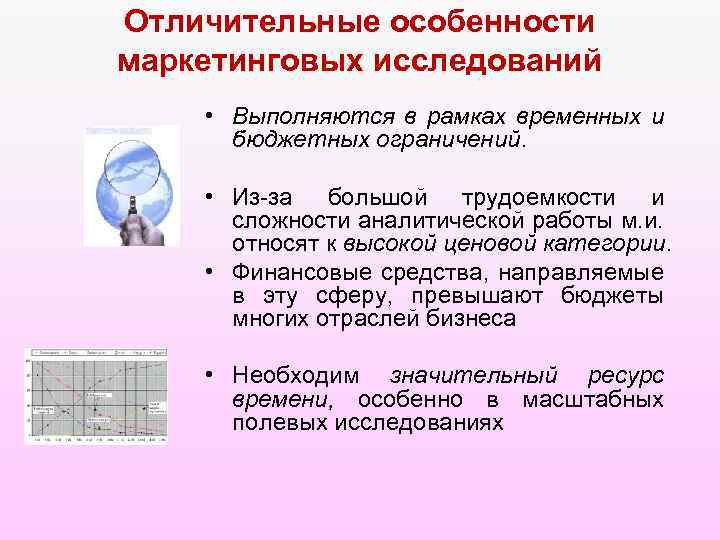 Отличительные особенности маркетинговых исследований • Выполняются в рамках временных и бюджетных ограничений. • Из-за