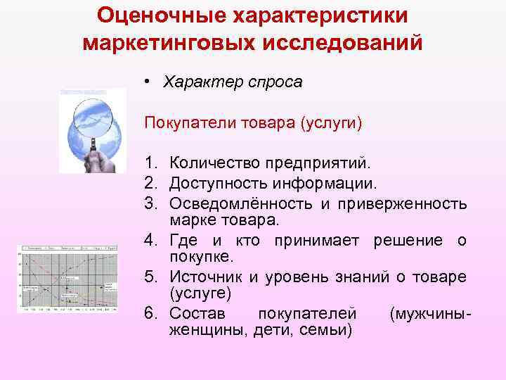 Оценочные характеристики маркетинговых исследований • Характер спроса Покупатели товара (услуги) 1. Количество предприятий. 2.