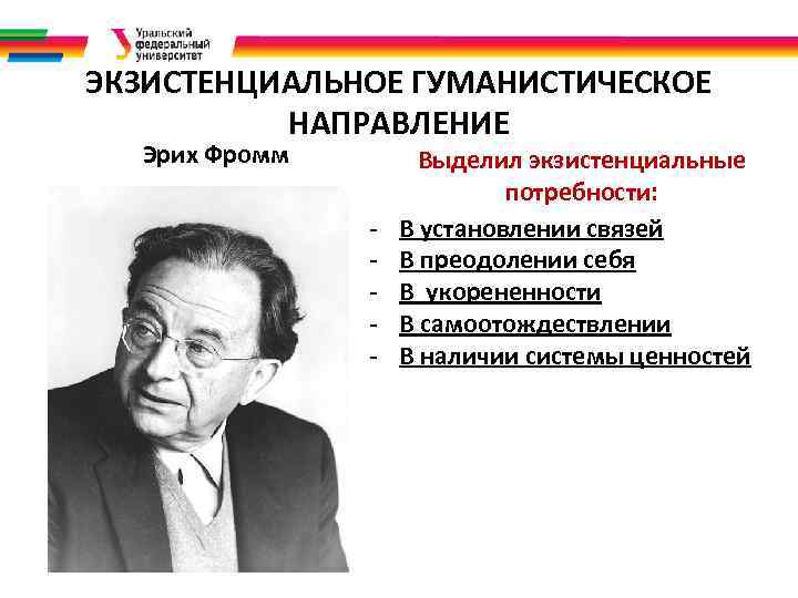 ЭКЗИСТЕНЦИАЛЬНОЕ ГУМАНИСТИЧЕСКОЕ НАПРАВЛЕНИЕ Эрих Фромм - Выделил экзистенциальные потребности: В установлении связей В преодолении