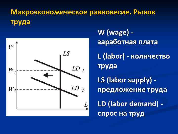 Макроэкономическое равновесие. Рынок труда W (wage) заработная плата L (labor) - количество труда LS