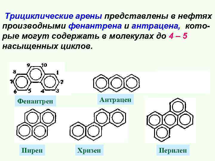 Трициклические арены представлены в нефтях производными фенантрена и антрацена, кото- рые могут содержать в