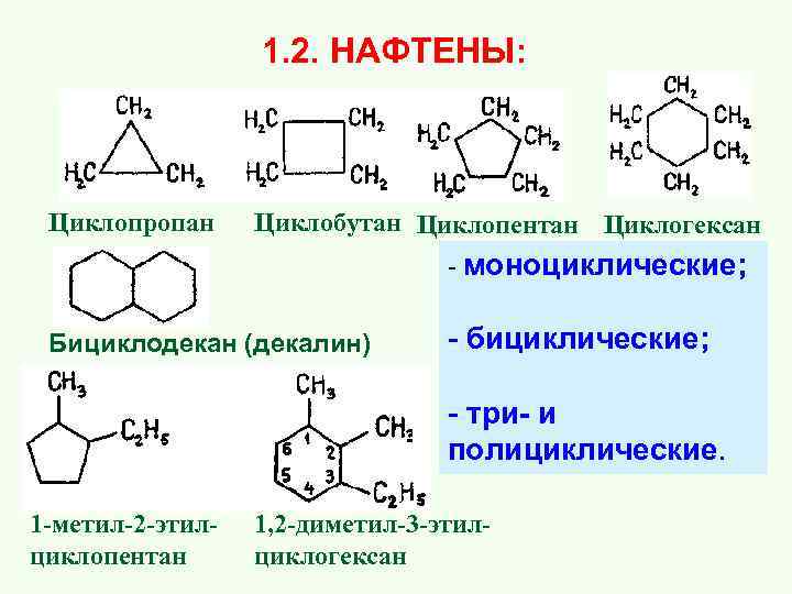  1. 2. НАФТЕНЫ: Циклопропан Циклобутан Циклопентан Циклогексан - моноциклические; Бициклодекан (декалин) - бициклические;