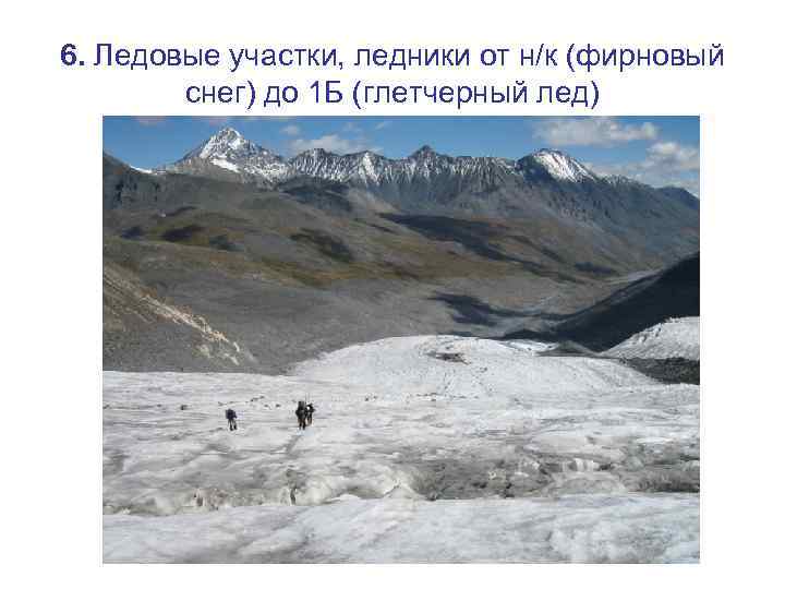 6. Ледовые участки, ледники от н/к (фирновый снег) до 1 Б (глетчерный лед) 