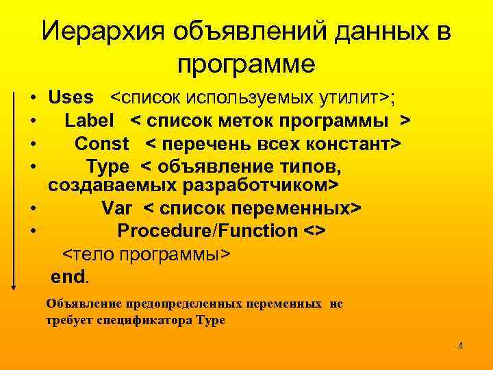 Иерархия объявлений данных в программе • Uses <список используемых утилит>; • Label < список