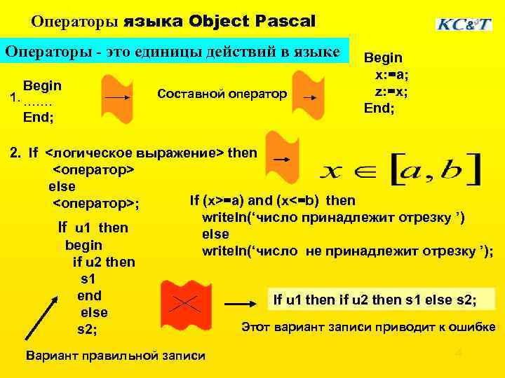 Операторы языка Object Pascal Операторы - это единицы действий в языке Begin 1. …….