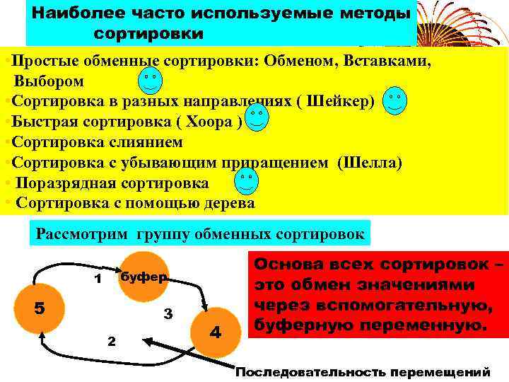 Наиболее часто используемые методы сортировки • Простые обменные сортировки: Обменом, Вставками, Выбором • Сортировка