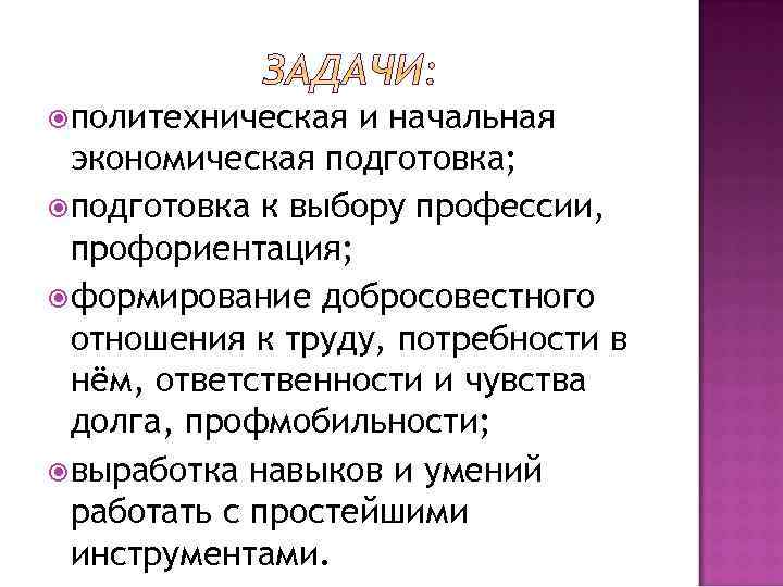  политехническая и начальная экономическая подготовка; подготовка к выбору профессии, профориентация; формирование добросовестного отношения