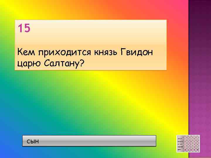 15 Кем приходится князь Гвидон царю Салтану? сын 