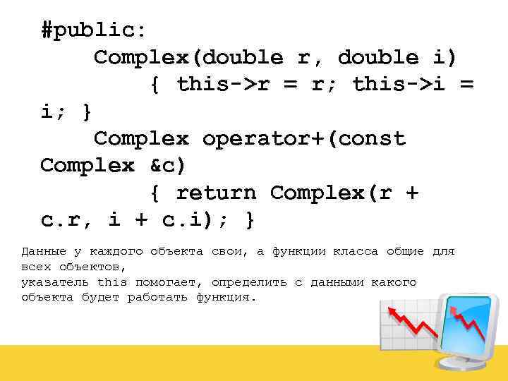 #public: Complex(double r, double i) { this->r = r; this->i = i; } Complex
