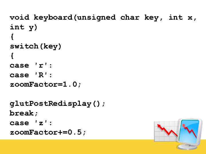 void keyboard(unsigned char key, int x, int y) { switch(key) { case 'r': case