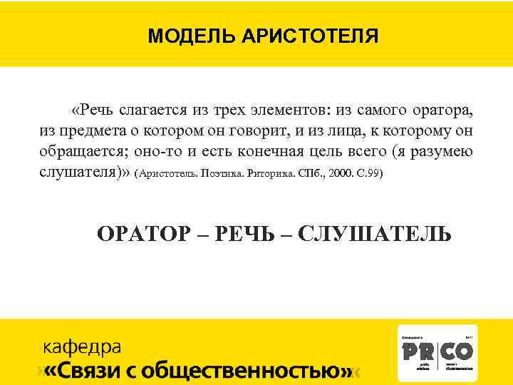 МОДЕЛЬ АРИСТОТЕЛЯ «Речь слагается из трех элементов: из самого оратора, из предмета о котором