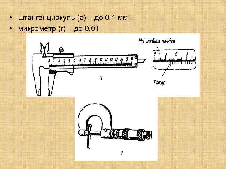  • штангенциркуль (а) – до 0, 1 мм; • микрометр (г) – до