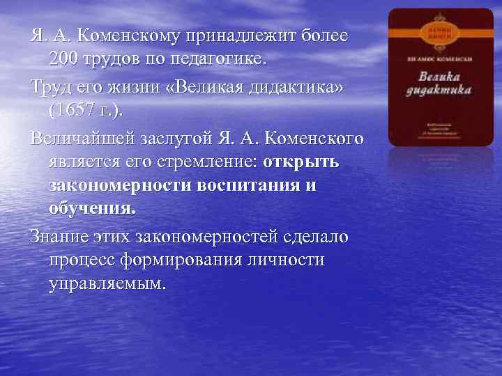 Я. А. Коменскому принадлежит более 200 трудов по педагогике. Труд его жизни «Великая дидактика»