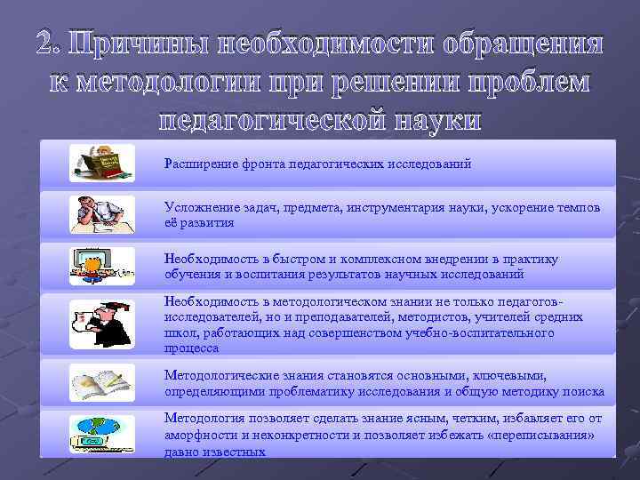 2. Причины необходимости обращения к методологии при решении проблем педагогической науки Расширение фронта педагогических