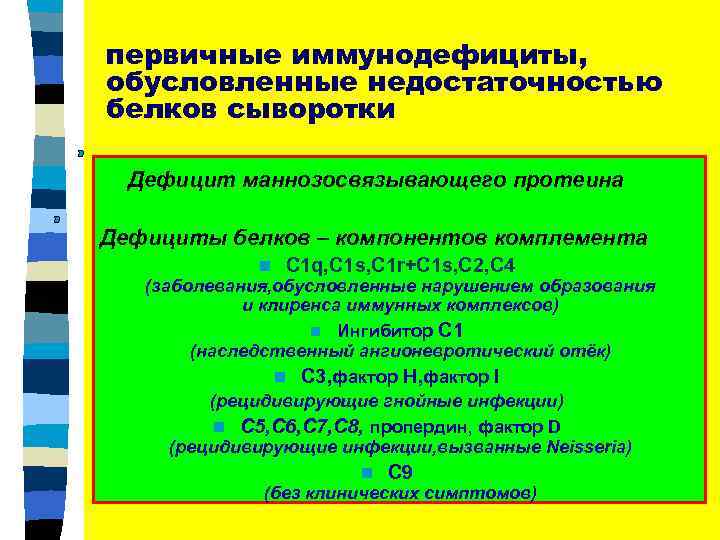 первичные иммунодефициты, обусловленные недостаточностью белков сыворотки Дефицит маннозосвязывающего протеина Дефициты белков – компонентов комплемента