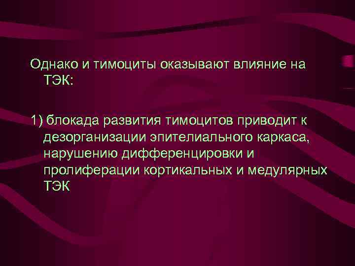 Однако и тимоциты оказывают влияние на ТЭК: 1) блокада развития тимоцитов приводит к дезорганизации