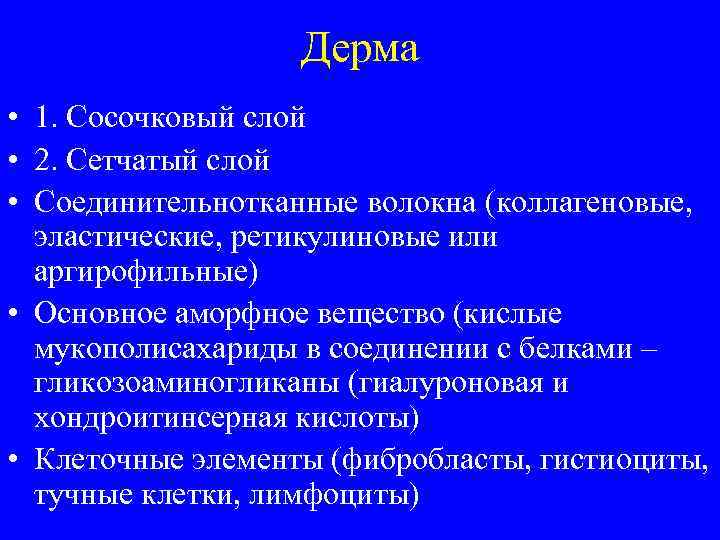 Дерма • 1. Сосочковый слой • 2. Сетчатый слой • Соединительнотканные волокна (коллагеновые, эластические,