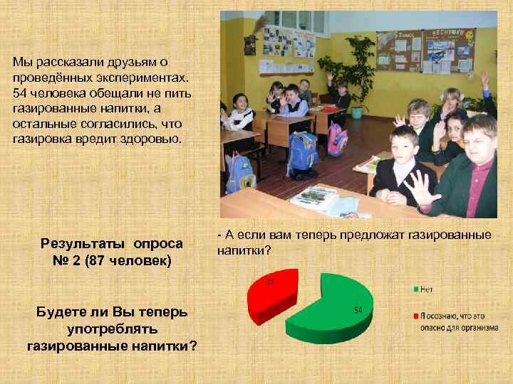 Мы рассказали друзьям о проведённых экспериментах. 54 человека обещали не пить газированные напитки, а